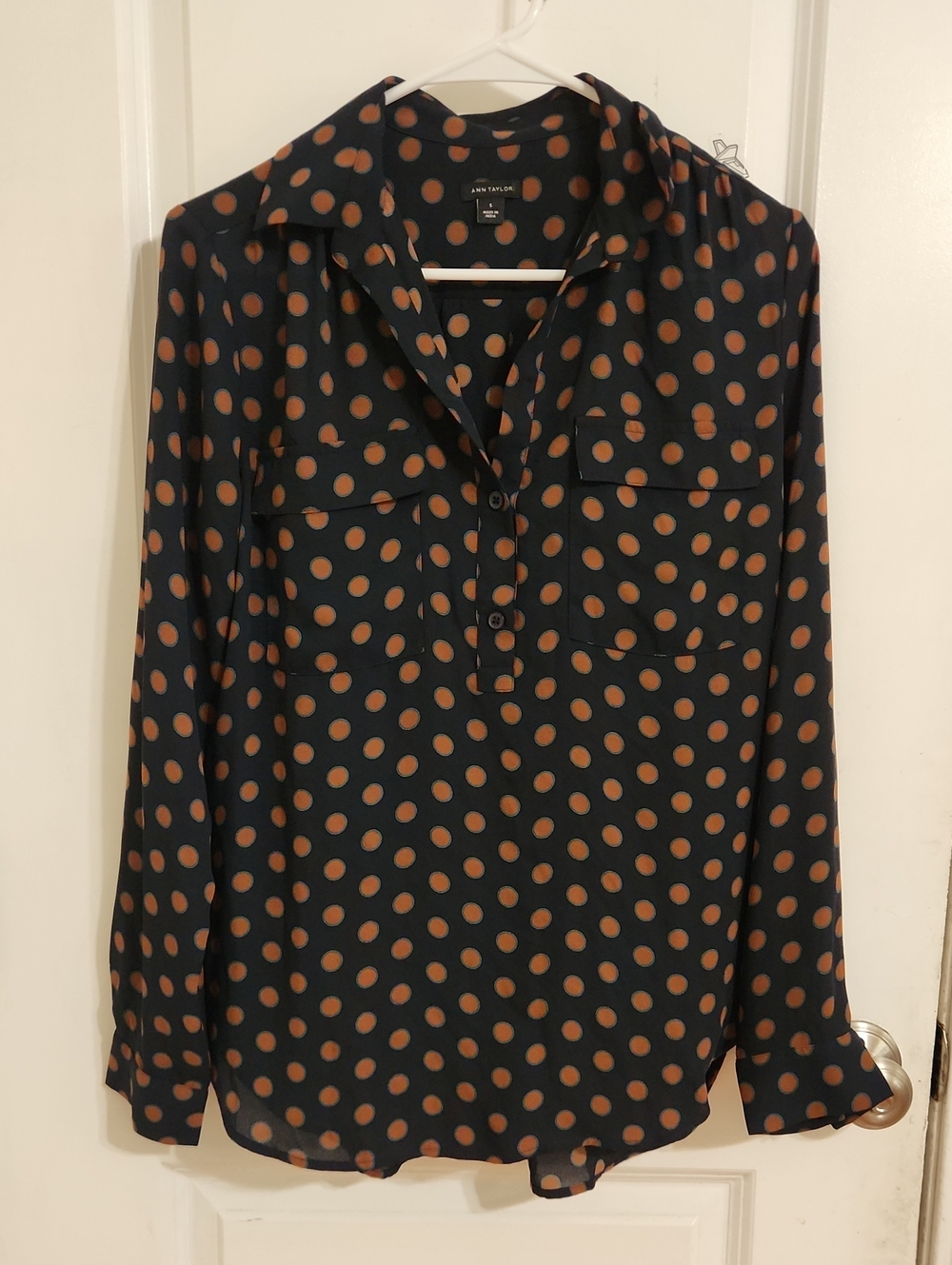 Ann Taylor Black Blouse with Tan Polka Dots